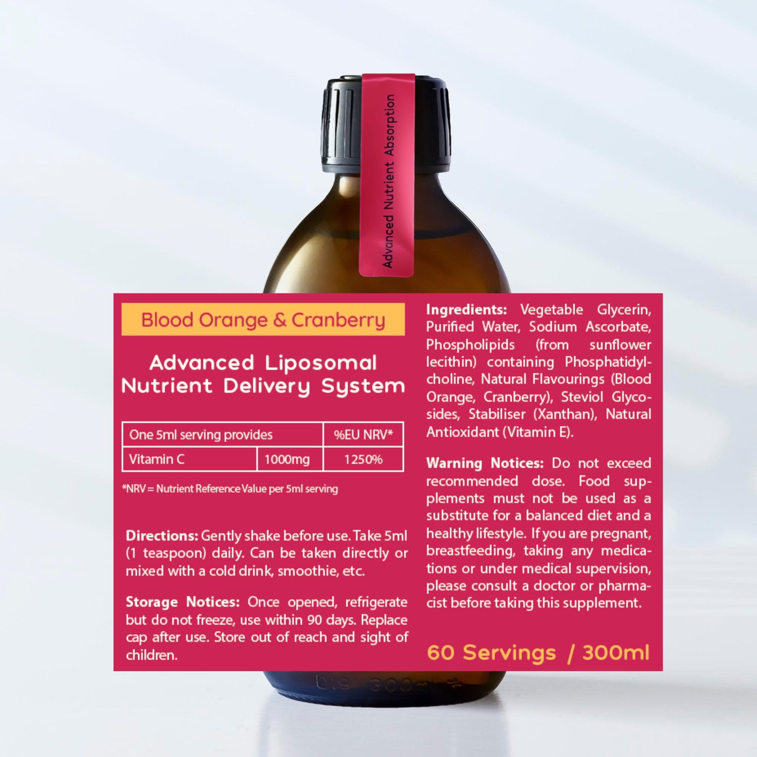 LIMITED EDITION! Liposomal Vitamin C Liquid - 1000mg - Up To 60 Servings - Blood Orange & Cranberry Flavour