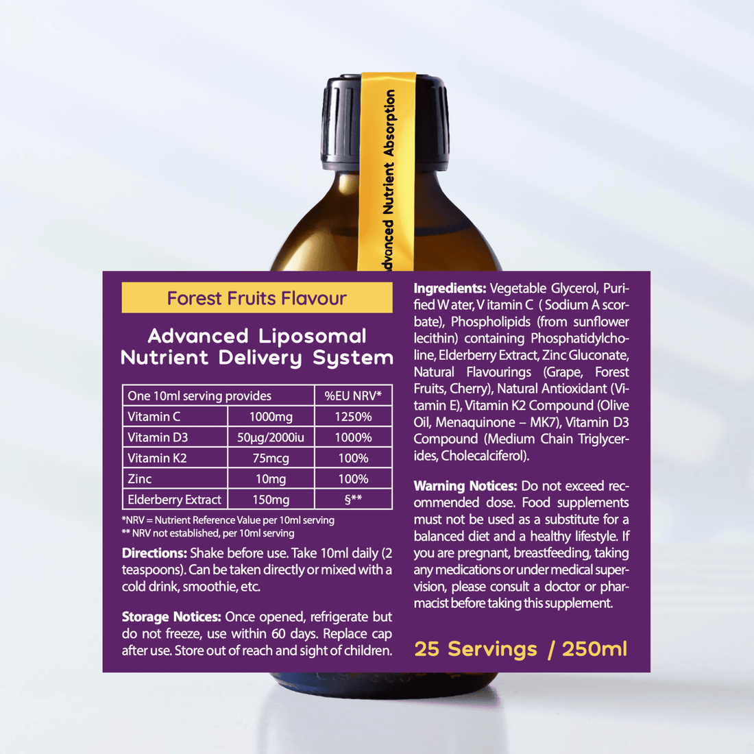 Liposomal Advanced Immune Support - Elderberry, Vitamins C, D3, K2 + Zinc - Forest Fruits Flavour - 250ml