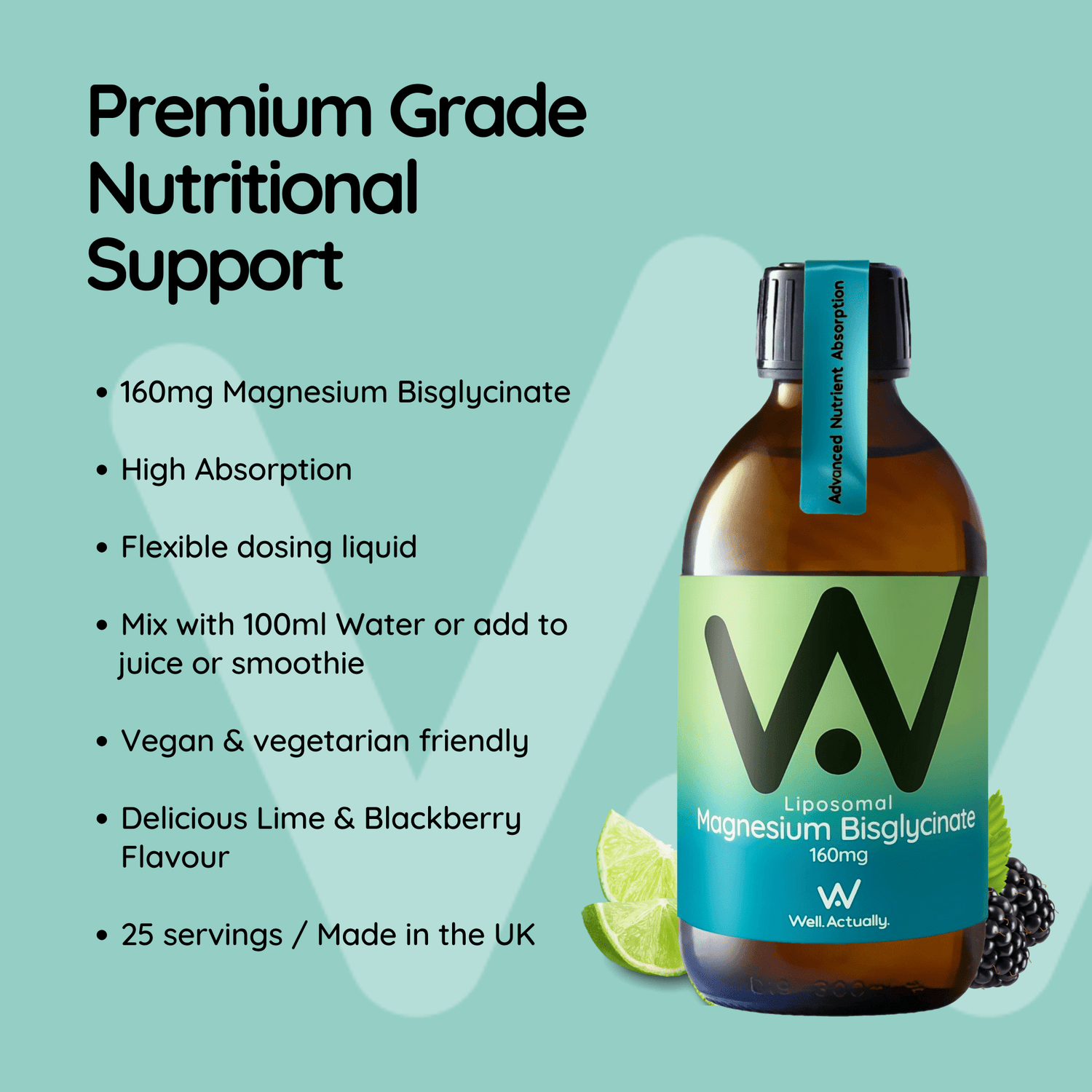 Liposomal Magnesium Bisglycinate Liquid - 160mg - Lime & Blackberry Flavour - 250ml