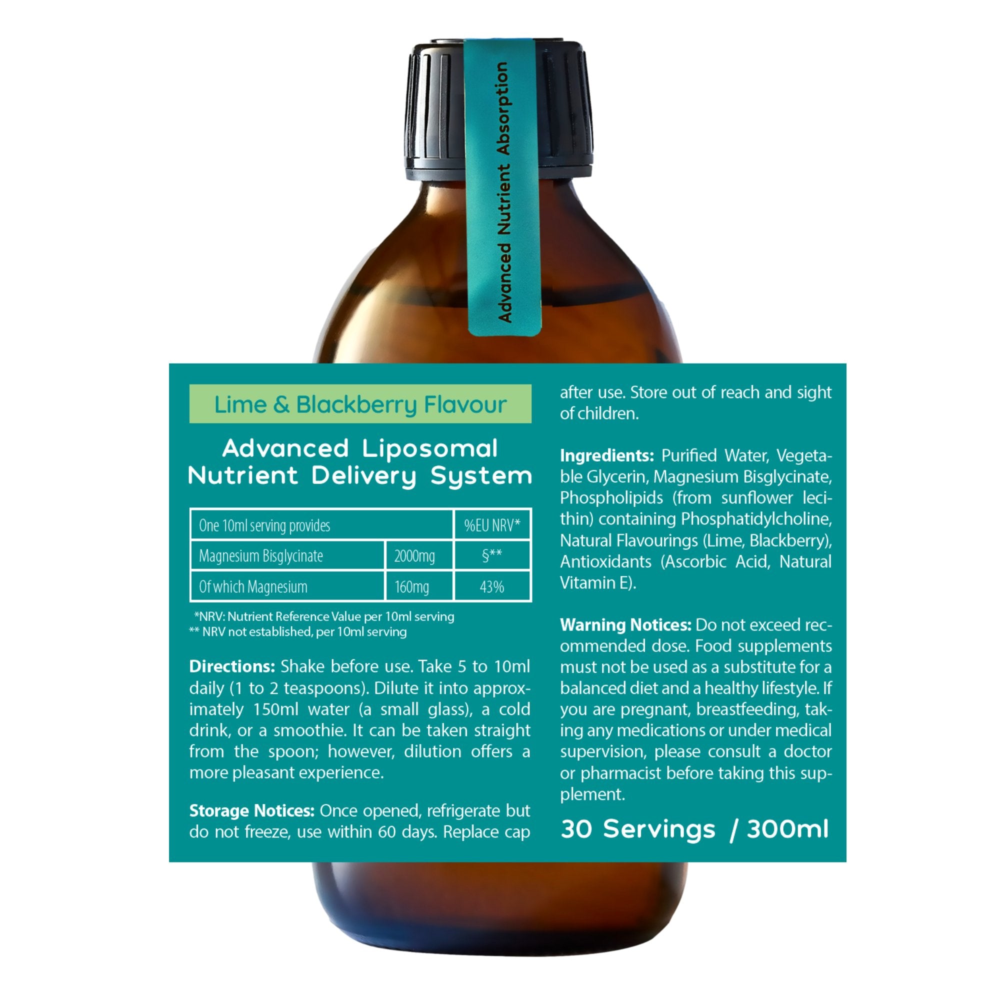 Liposomal Magnesium Bisglycinate Liquid - 160mg - Lime & Blackberry Flavour