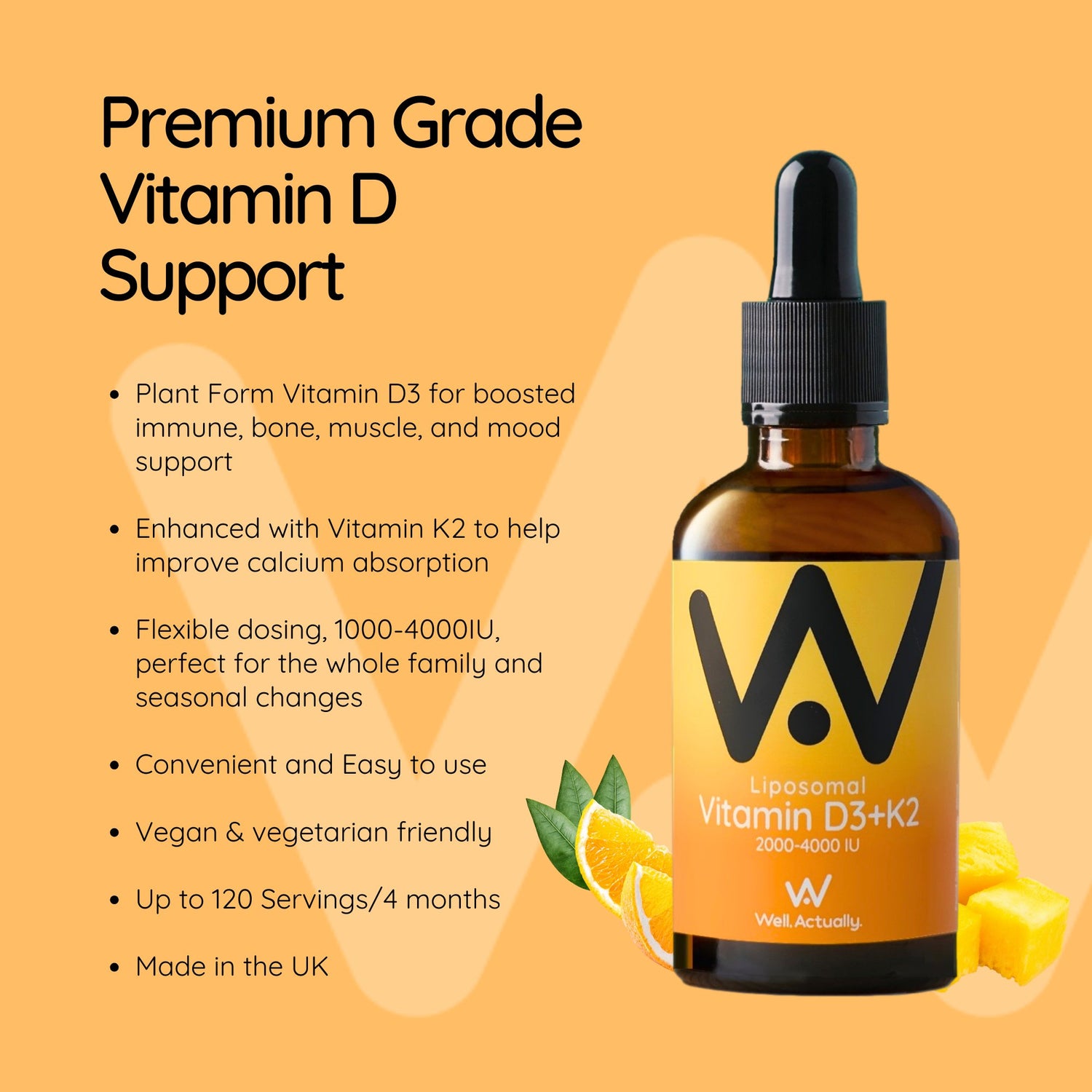 Liposomal Vitamin D3 & K2 Liquid Pipette - 2000 to 4000IU - Up to 120 Servings - Orange & Mango or Summer Citrus Flavour
