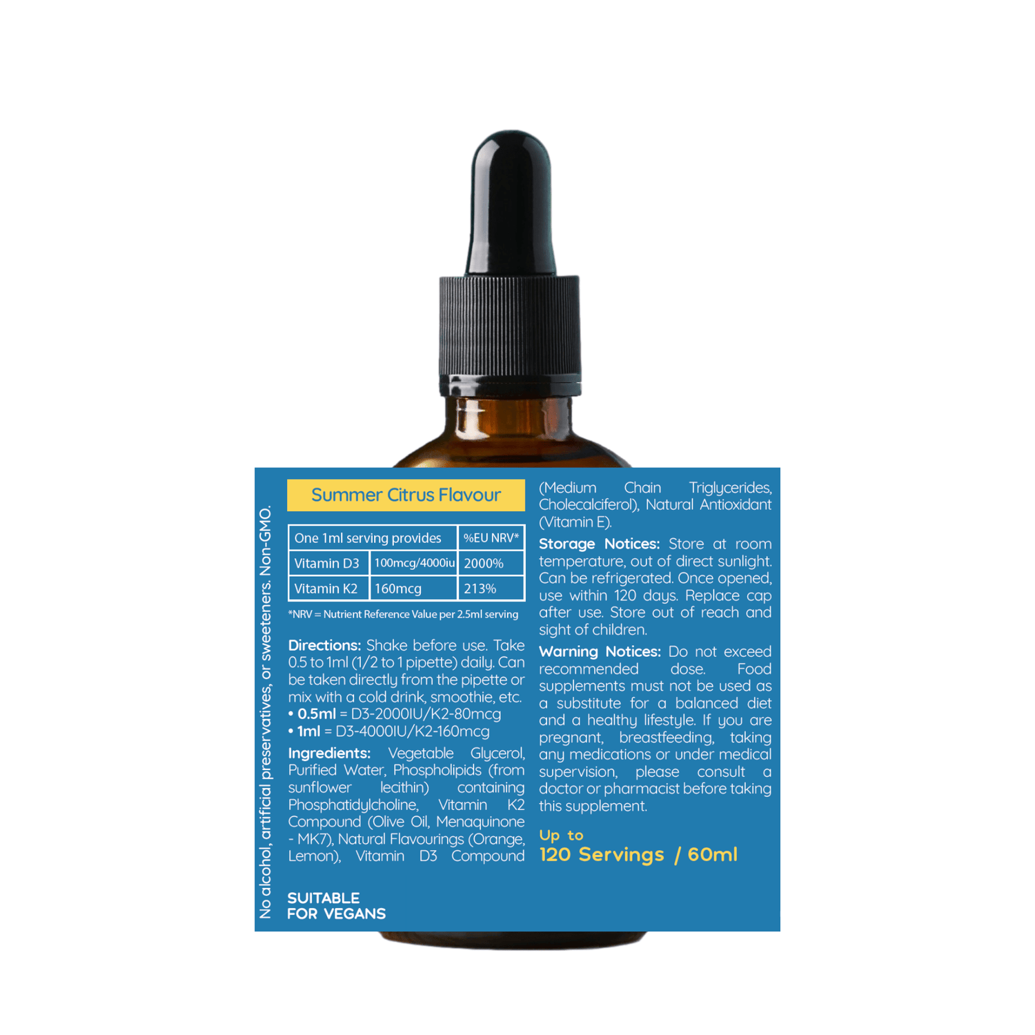 Liposomal Vitamin D3 & K2 Liquid Pipette - 2000 to 4000IU - Up to 120 Servings - Orange & Mango or Summer Citrus Flavour