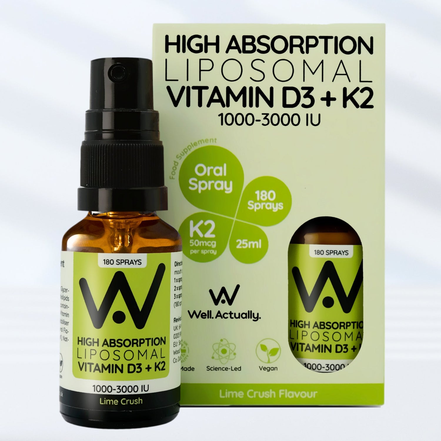 Liposomal Vitamin D3 & Vitamin K2 Oral Spray - 2000IUs - Lime Crush, Strawberry & Rhubarb, and Peppermint Flavour