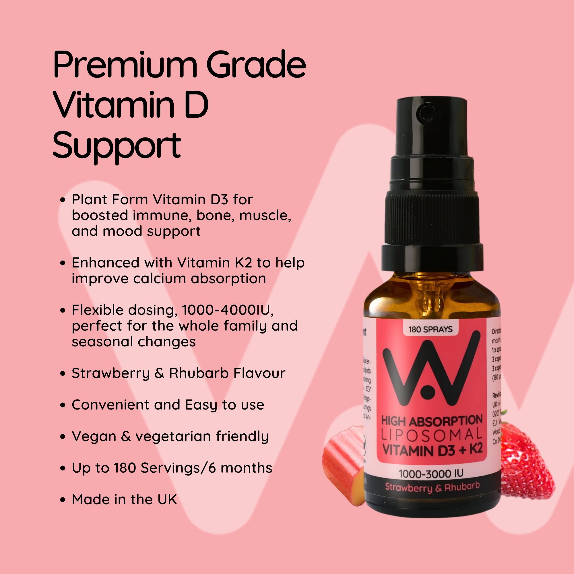 Liposomal Vitamin D3 & Vitamin K2 Oral Spray - 2000IUs - Lime Crush, Strawberry & Rhubarb, and Peppermint Flavour