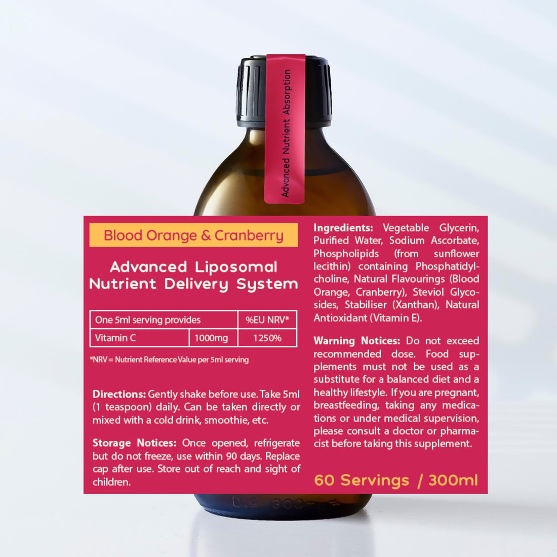 LIMITED EDITION! Liposomal Vitamin C Liquid - 1000mg - Up To 60 Servings - Blood Orange & Cranberry Flavour