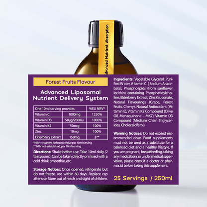 Liposomal Advanced Immune Support - Elderberry, Vitamins C, D3, K2 + Zinc - Forest Fruits Flavour - 250ml