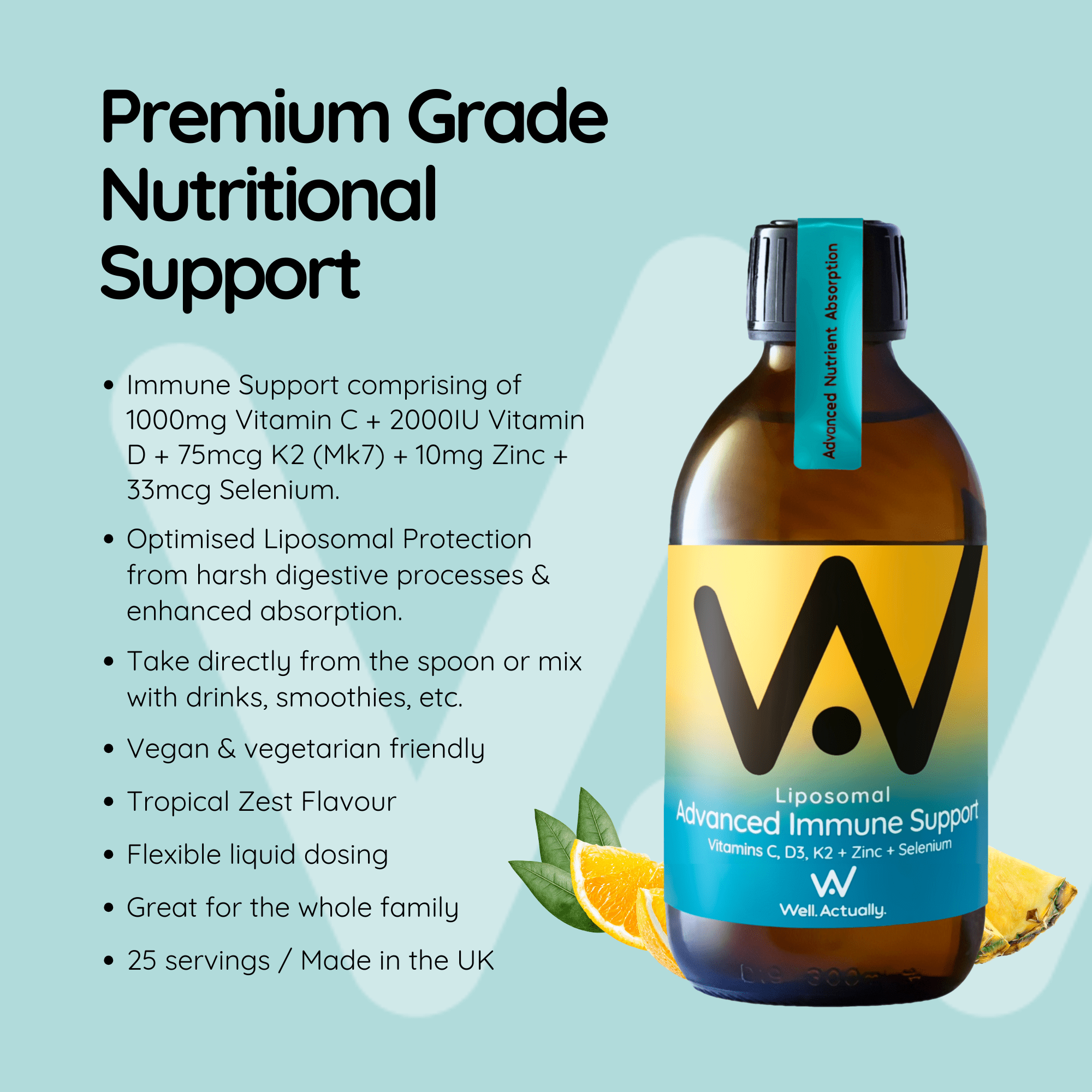 Liposomal Advanced Immune Support - Vitamins C, D3, K2 + Zinc + Selenium - Tropical Zest Flavour - 250ml