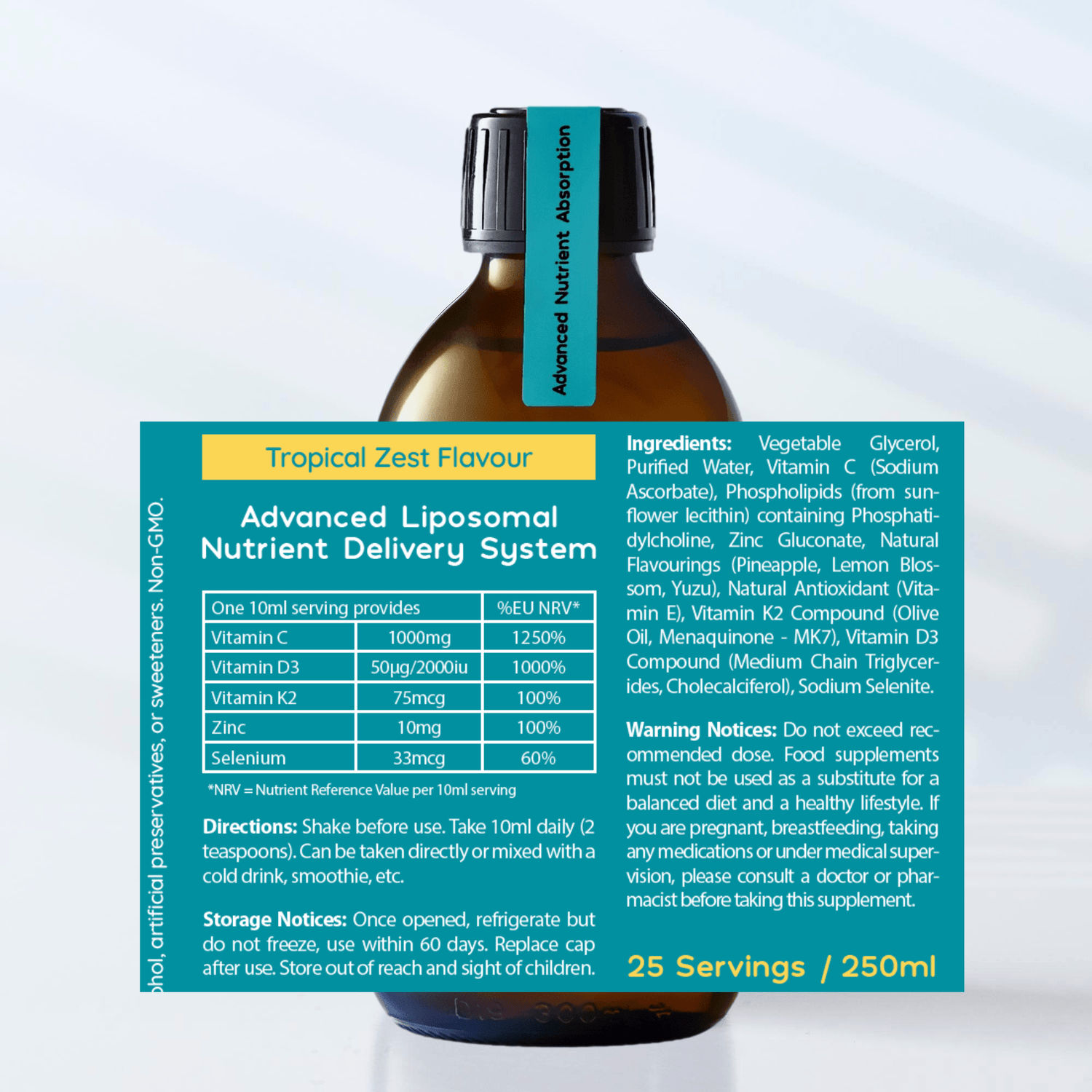 Liposomal Advanced Immune Support - Vitamins C, D3, K2 + Zinc + Selenium - Tropical Zest Flavour - 250ml