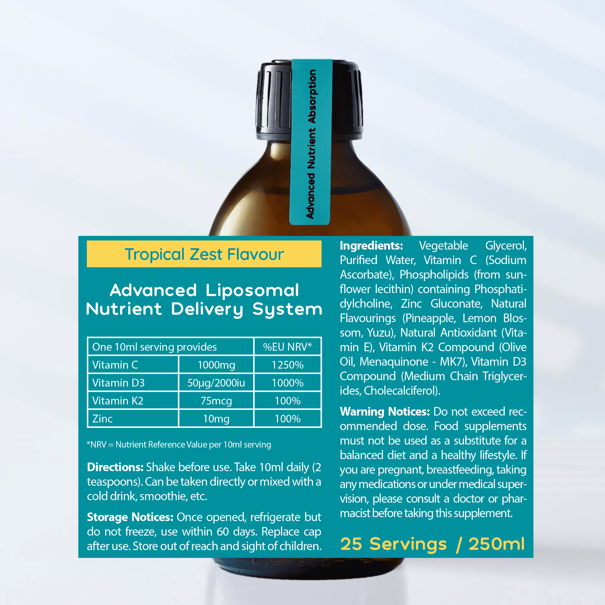 Liposomal Advanced Immune Support - Vitamins C, D3, K2 + Zinc - Tropical Zest Flavour - 250ml