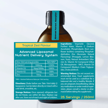 Liposomal Advanced Immune Support - Vitamins C, D3, K2 + Zinc - Tropical Zest Flavour - 250ml