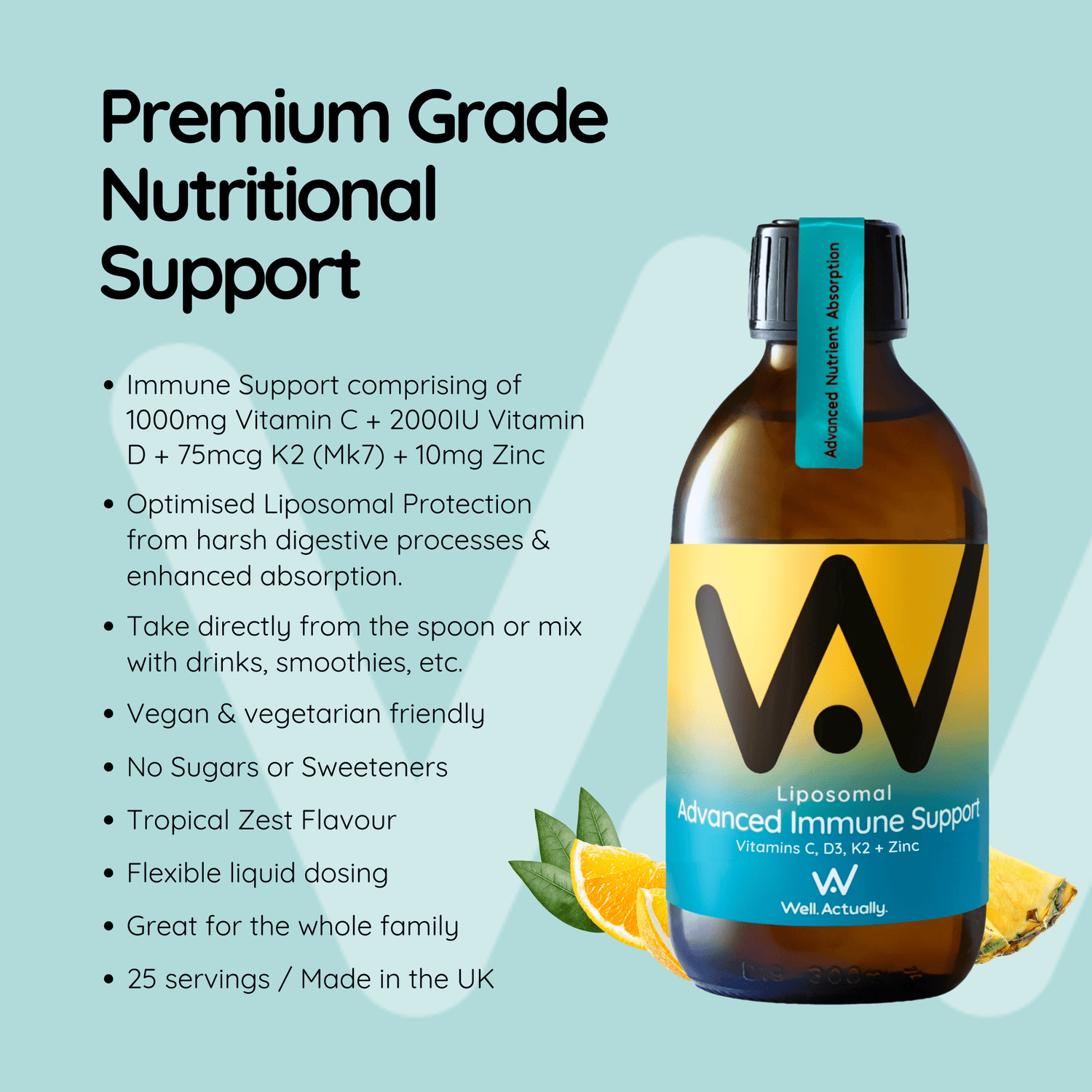 Liposomal Advanced Immune Support - Vitamins C, D3, K2 + Zinc - Tropical Zest Flavour - 250ml