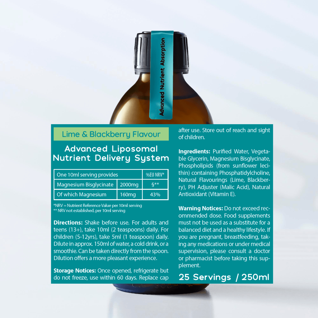 Liposomal Magnesium Bisglycinate Liquid - 160mg - Lime &amp; Blackberry Flavour - 250ml