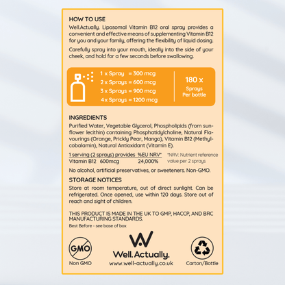 Liposomal Vitamin B12 Oral Spray - 300 to 1200mcg - Truly Mango or Very Berry Flavour