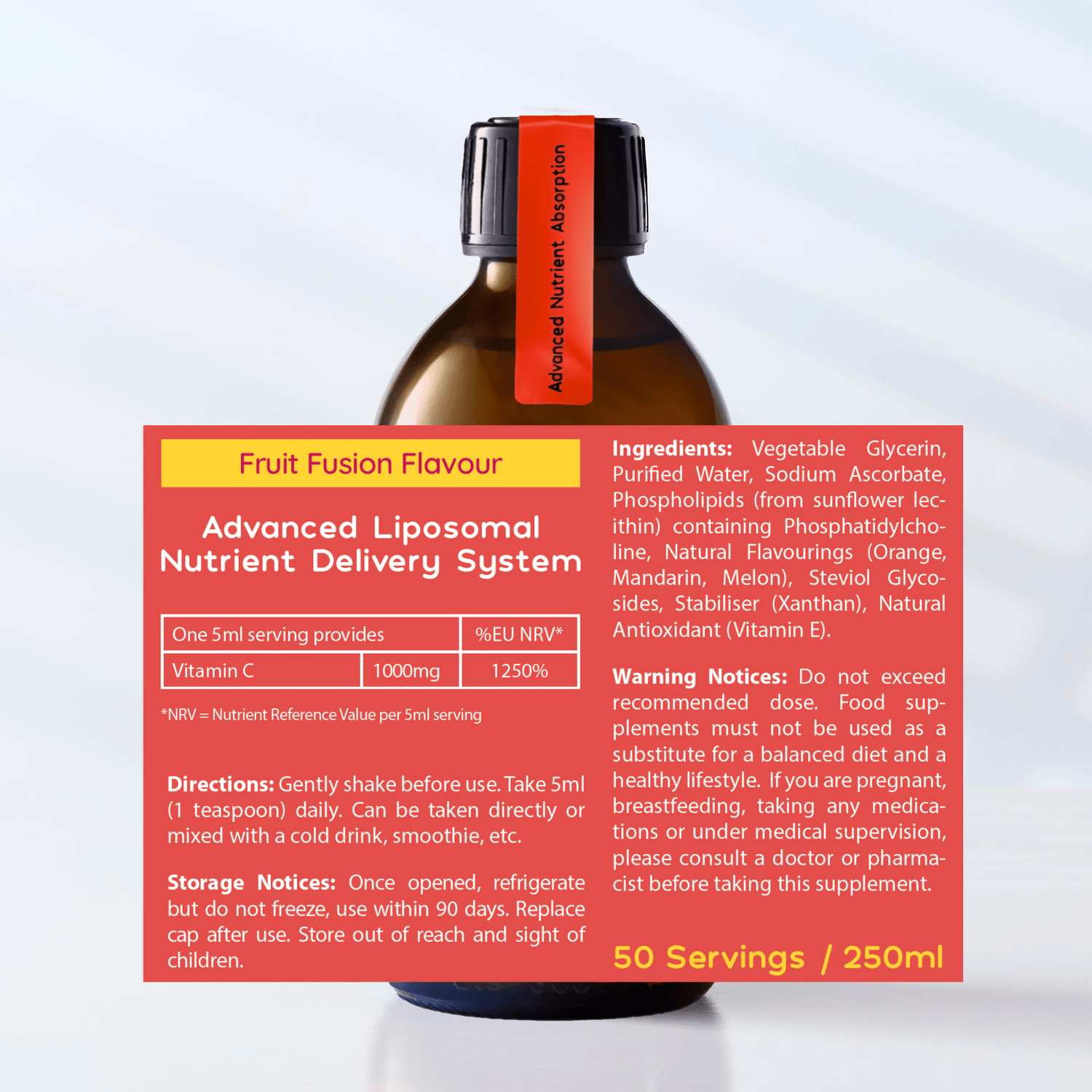 Liposomal Vitamin C Liquid - 1000mg - Up To 60 Servings - Fruit Fusion Flavour