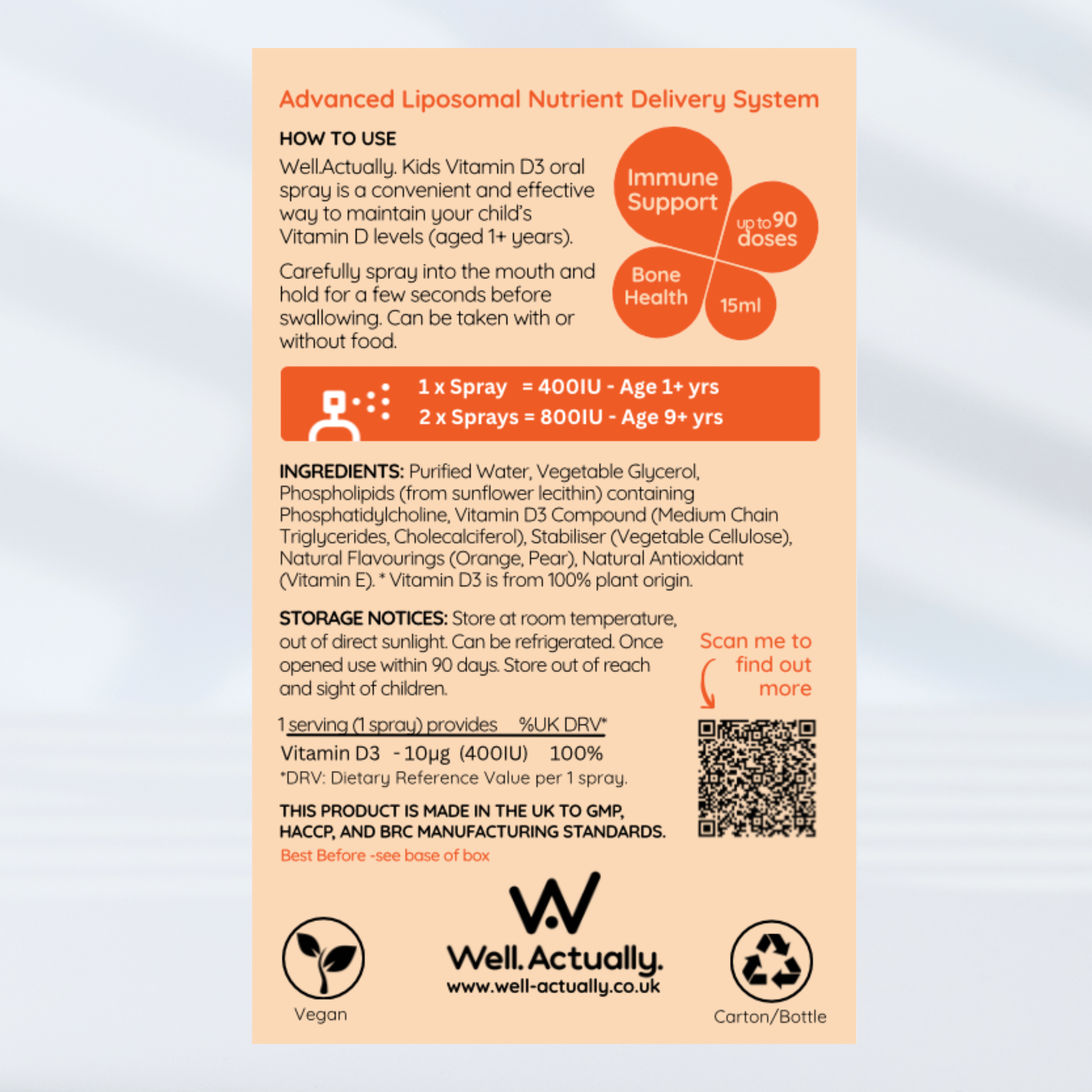 *NEW!* Kids Liposomal Vitamin D3 Oral Spray - 400 to 800IU - Cherry Berry or Orange Burst Flavour