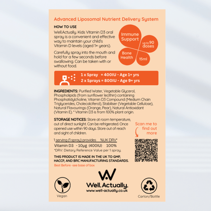 *NEW!* Kids Liposomal Vitamin D3 Oral Spray - 400 to 800IU - Cherry Berry or Orange Burst Flavour