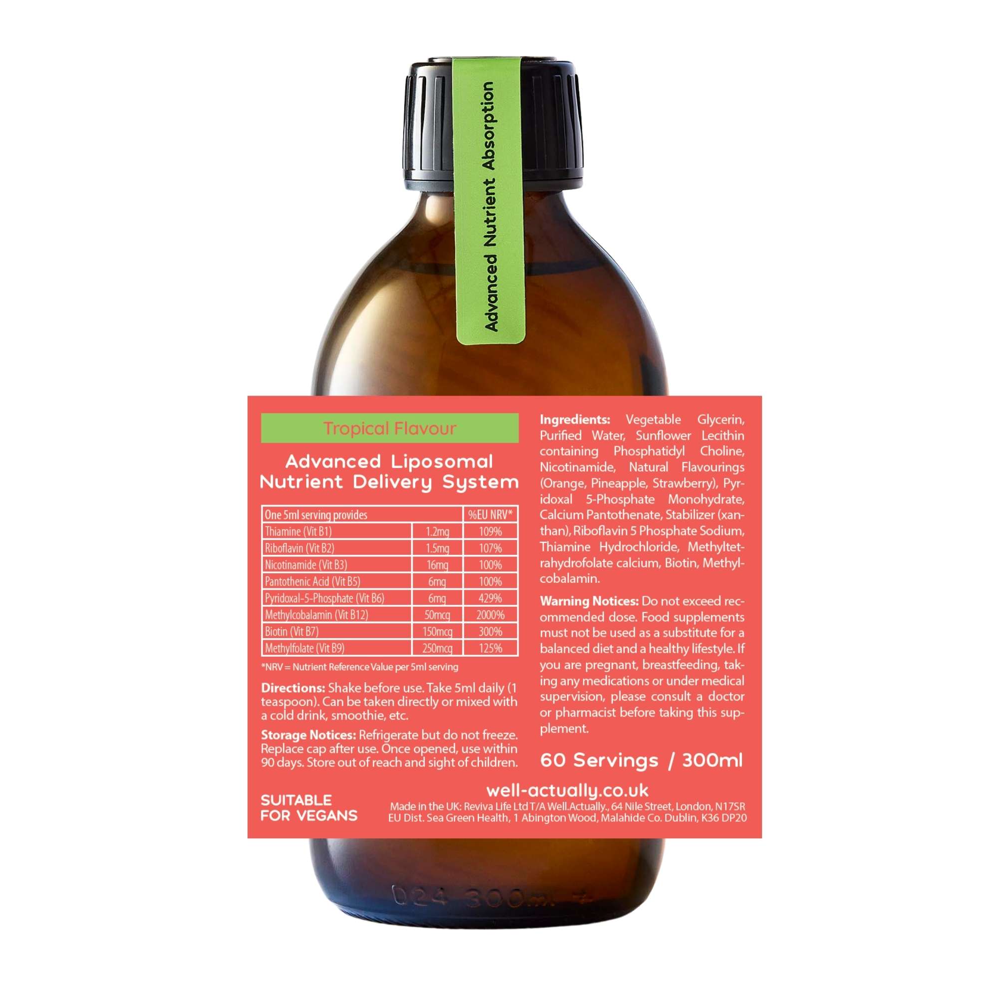 Liposomal Vitamin B Complex Liquid - 8 Essential Vitamins - Tropical Fruit Flavour