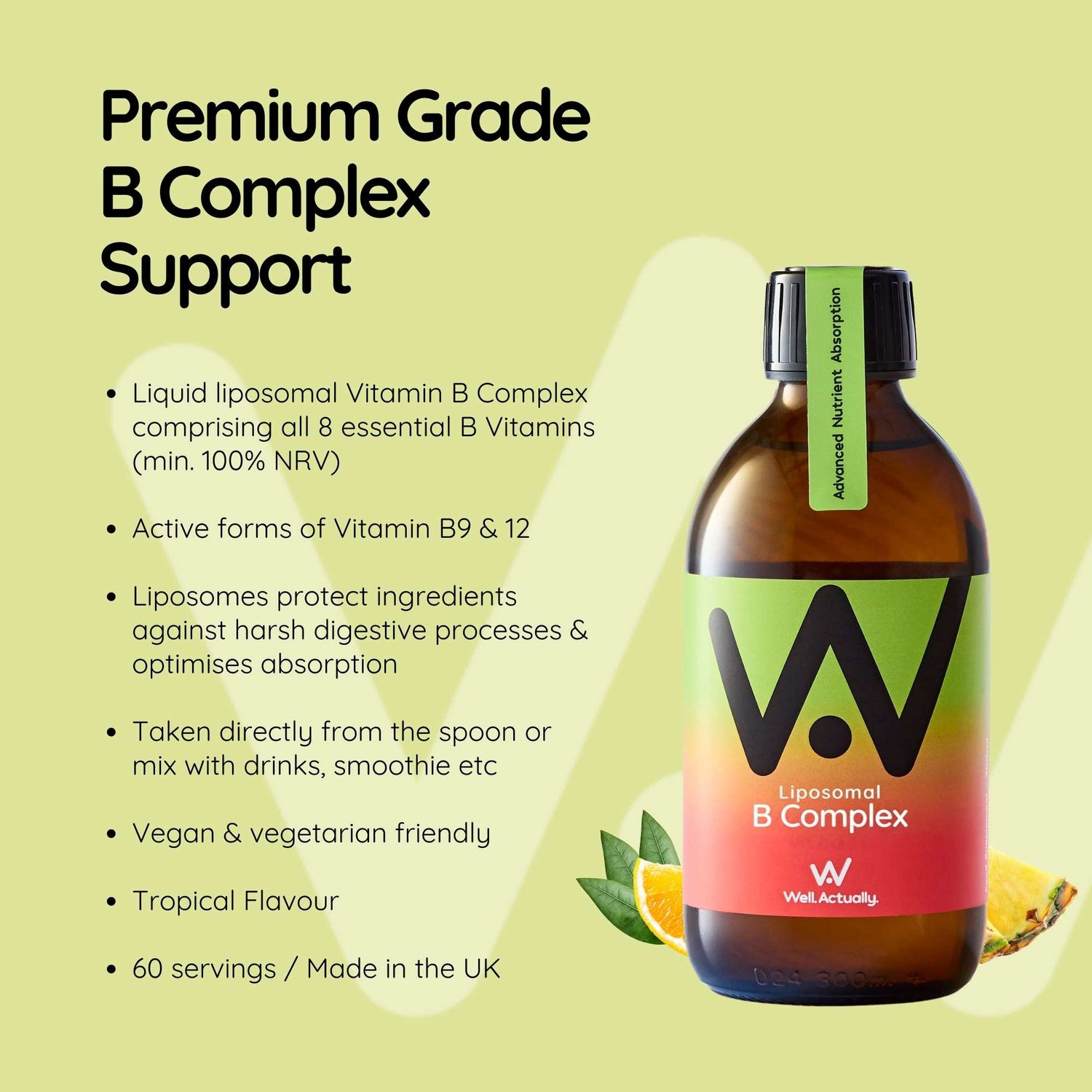Liposomal Vitamin B Complex Liquid - 8 Essential Vitamins - Tropical Fruit Flavour